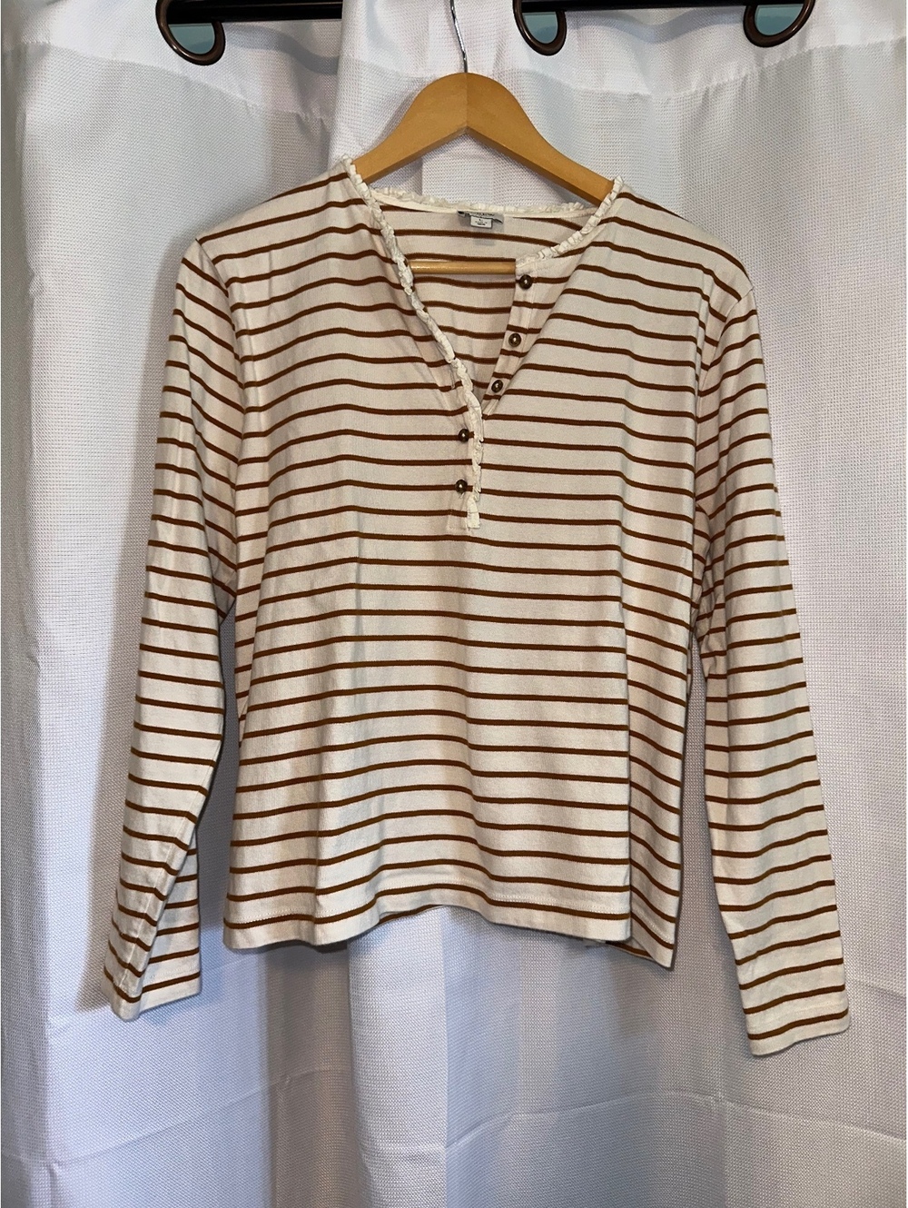 J.CREW Long Sleeve Knit Ruffle Stripe Henley Top Brandy & Cream L